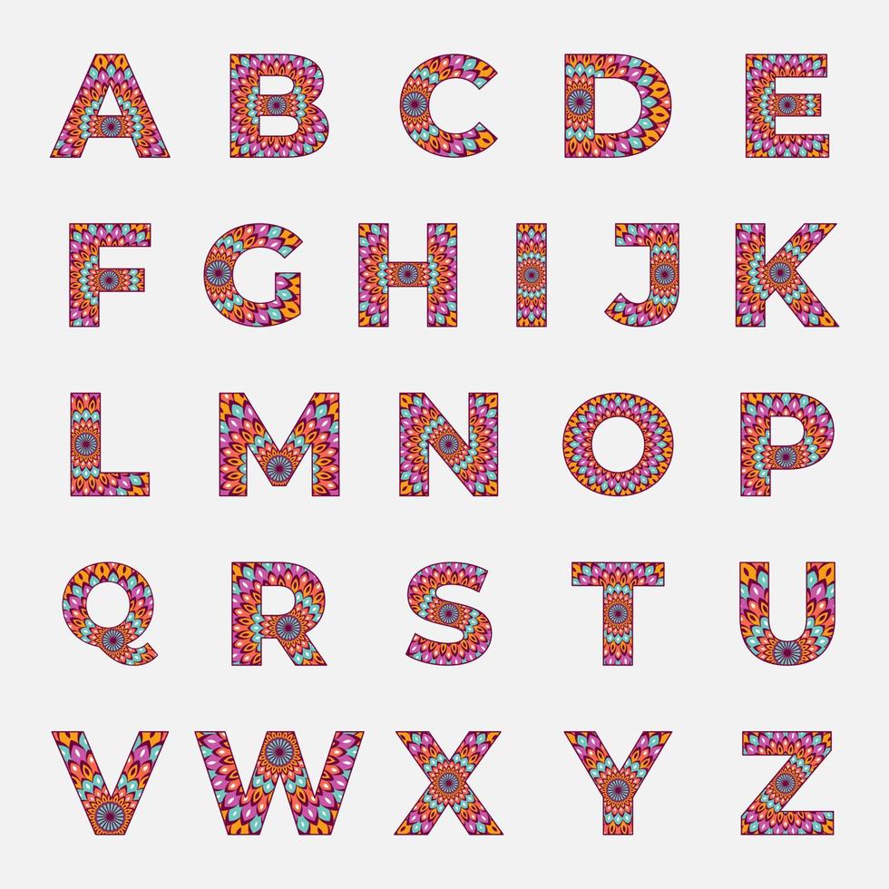 färgrik alfabet med mandala design, en till z alfabet samling vektor