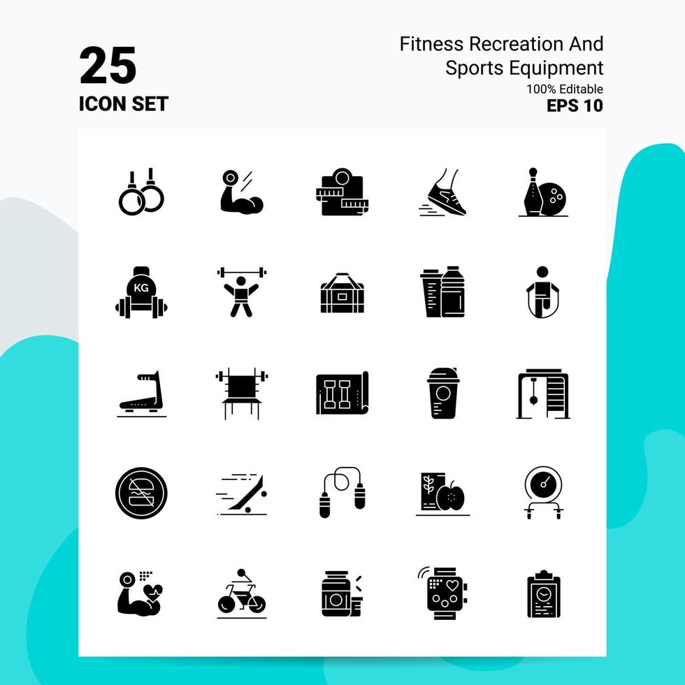 25 Symbole für Fitness-, Erholungs- und Sportgeräte 100 bearbeitbare eps 10-Dateien Business-Logo-Konzeptideen solides Glyphen-Icon-Design vektor