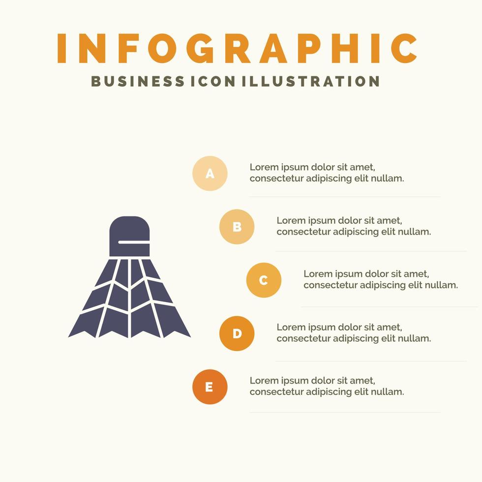 Badminton Federball Sport Spiel solide Symbol Infografiken 5 Schritte Präsentationshintergrund vektor