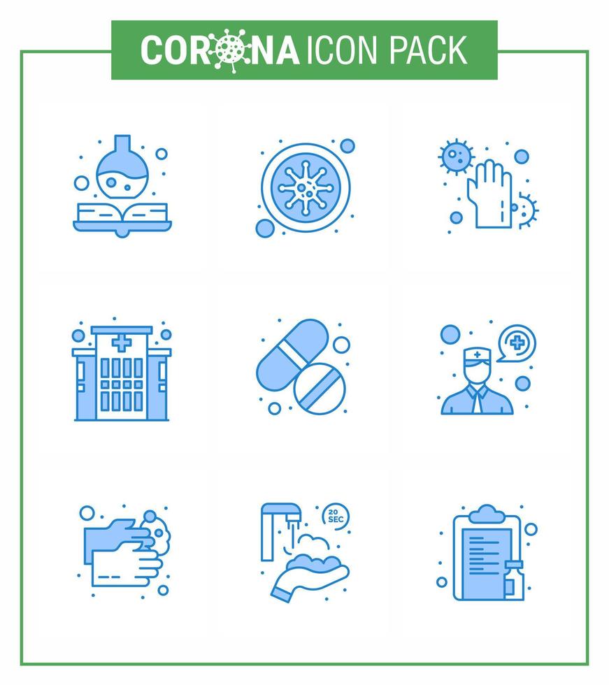 coronavirus 9 blå ikon uppsättning på de tema av korona epidemi innehåller ikoner sådan som läsplatta medicin smutsig sjukhus byggnad viral coronavirus 2019 nov sjukdom vektor design element