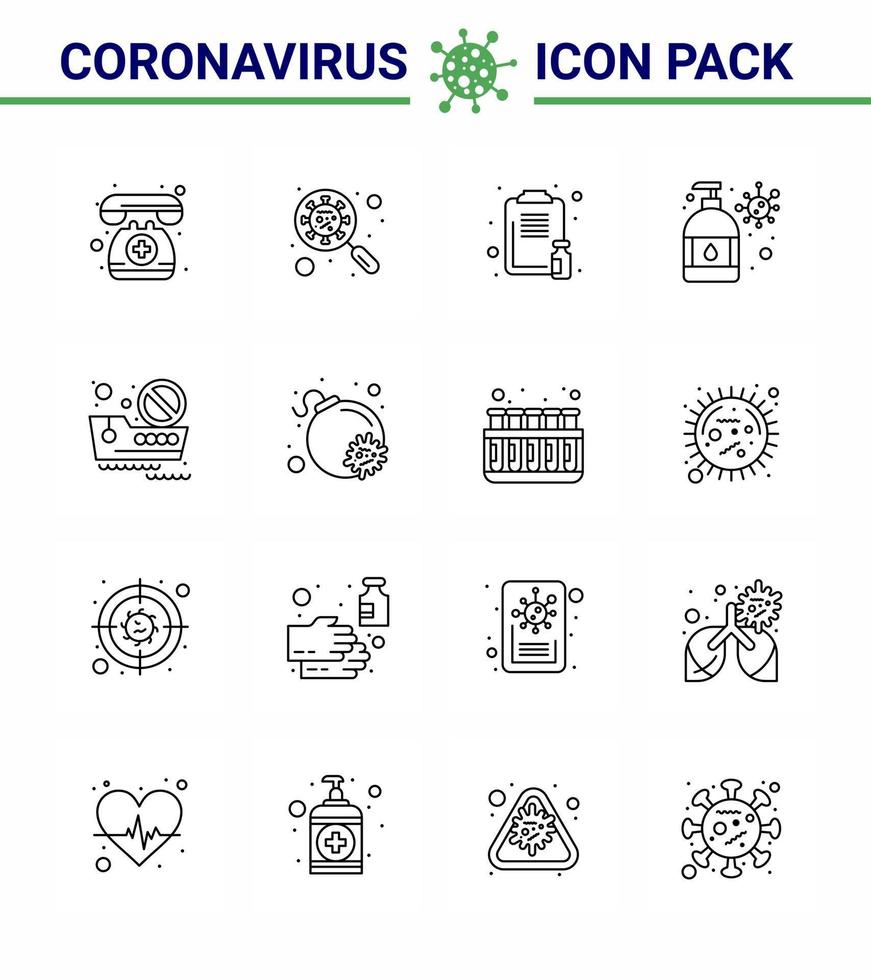 ny coronavirus 2019-nCoV 16 linje ikon packa fuktkräm hand tvätta förstorande medicin medicinsk viral coronavirus 2019 nov sjukdom vektor design element