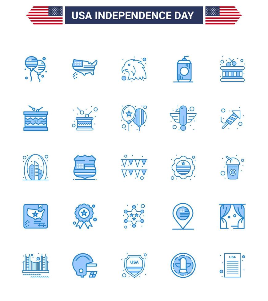 Aktienvektor-Icon-Pack mit amerikanischen Tag 25 blauen Zeichen und Symbolen für Stöcke Trommeltier usa cola editierbare usa-Tag-Vektordesign-Elemente vektor