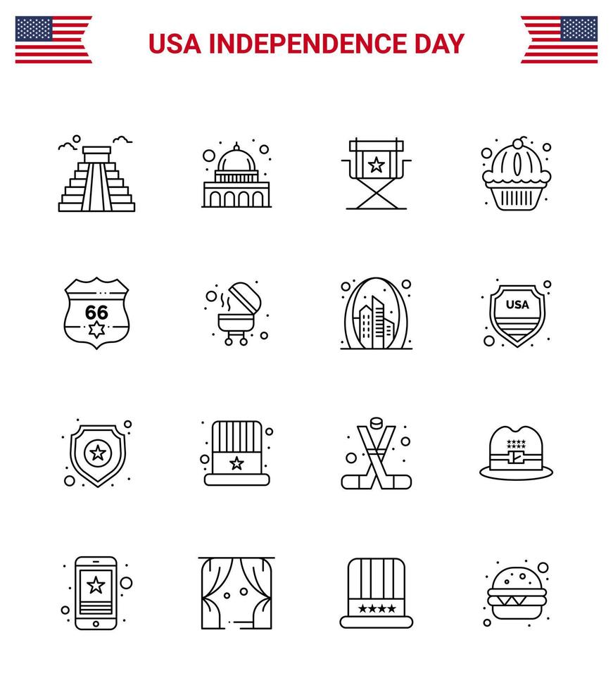 16 Zeilenzeichen für den Unabhängigkeitstag der USA. Amerikanische Staaten stuhlen Muffin-Fernsehen vektor