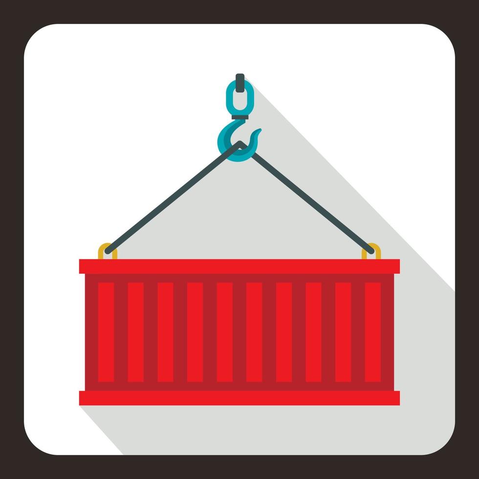 Kranhaken hebt rotes Container-Symbol, flachen Stil vektor