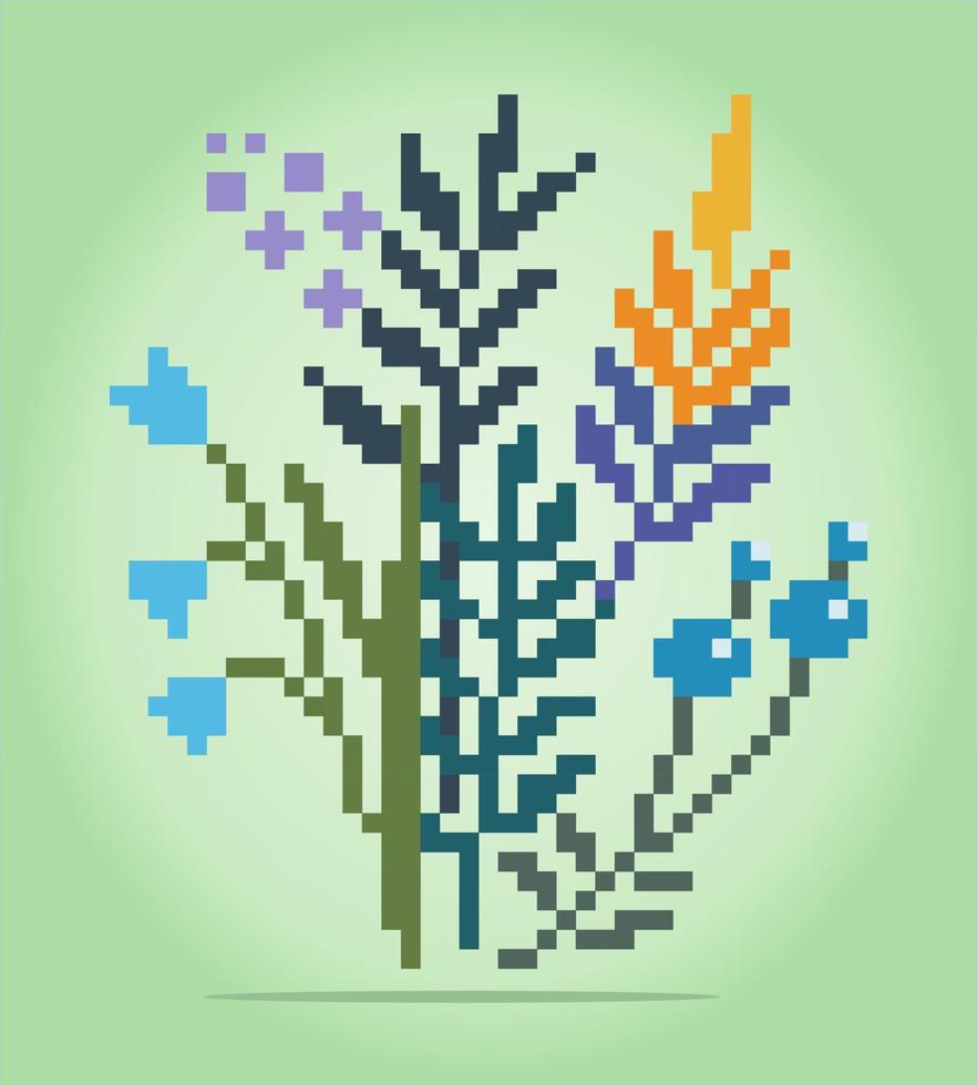 8 bitars pixel löv ornament. blad och blommor för korsstygnsmönster, i vektorillustrationer. vektor