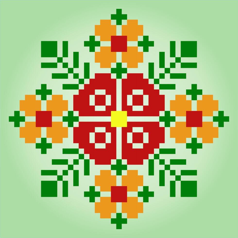 8 bitars pixel blomdekorationer. cirkel av blommor för korsstygnsmönster, i vektorillustrationer. vektor