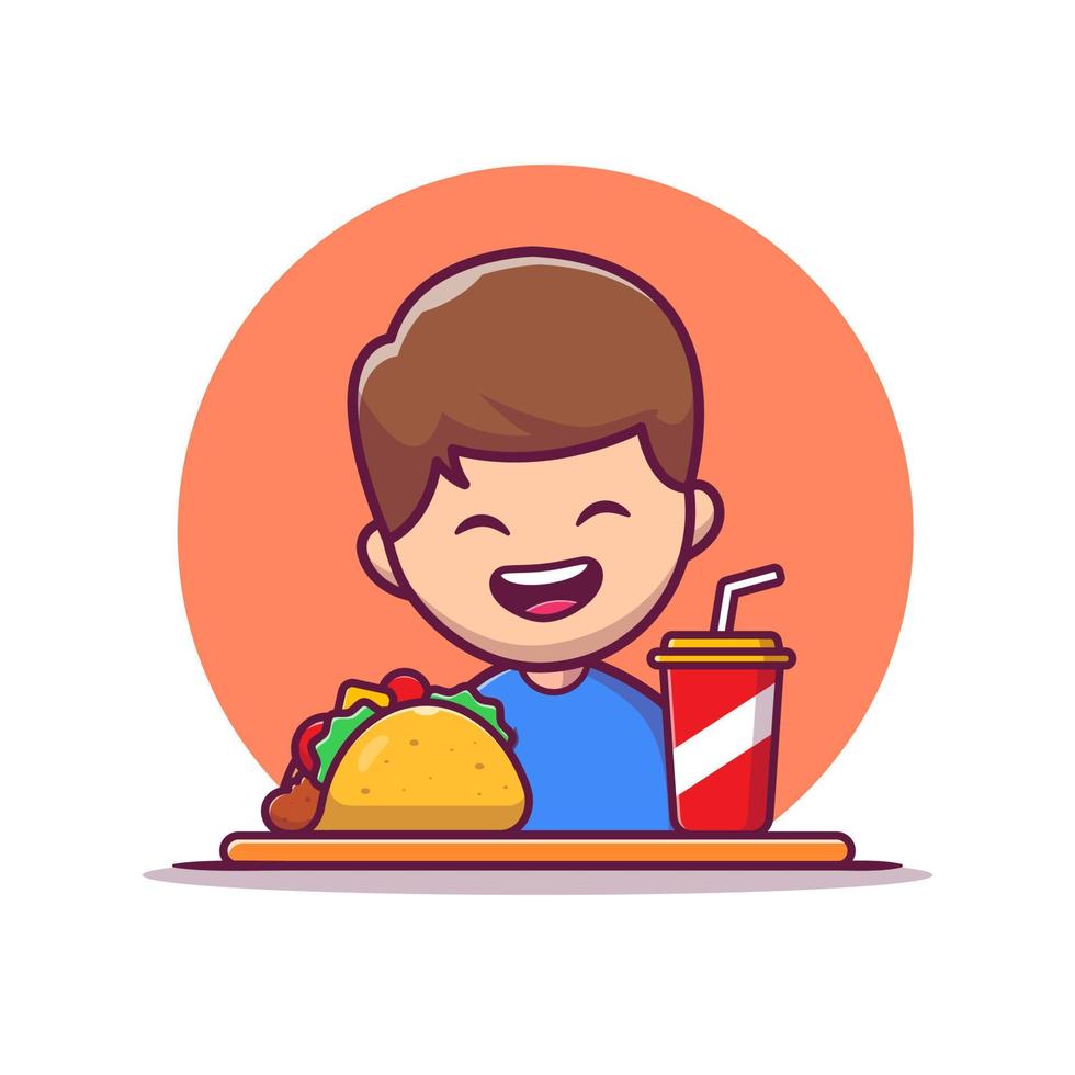 süßer junge isst taco und trinkt cartoon-vektor-symbol-illustration. Menschen essen Symbol Konzept isoliert Premium-Vektor. flacher Cartoon-Stil vektor