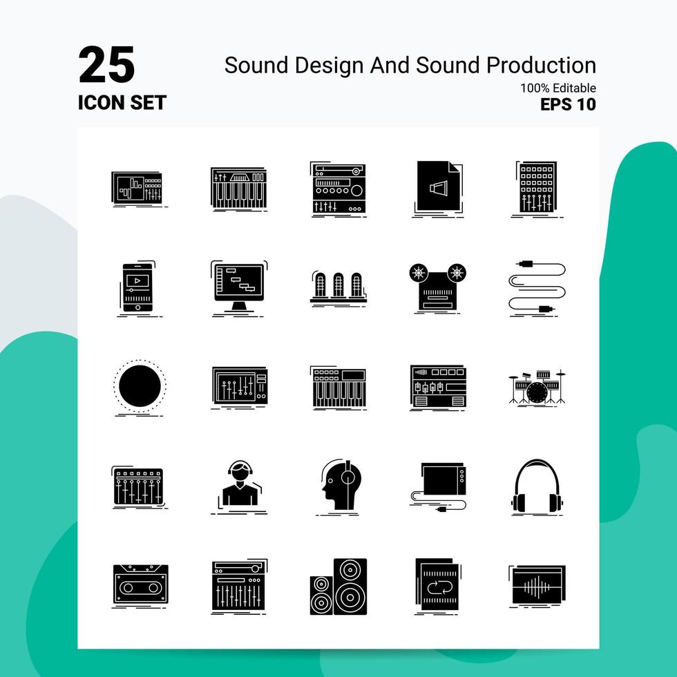 25 ljud design och ljud produktion ikon uppsättning 100 redigerbar eps 10 filer företag logotyp begrepp idéer fast glyf ikon design vektor