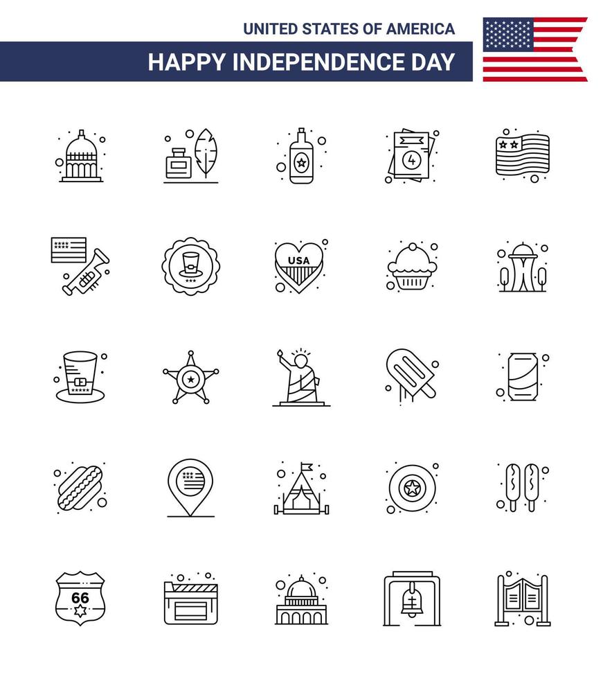 USA oberoende dag linje uppsättning av 25 USA piktogram av USA Land alkohol bröllop kärlek redigerbar USA dag vektor design element