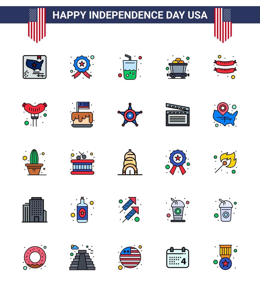 Stock Vektor Icon Pack von American Day 25 flach gefüllte Linien Zeichen und Symbole für Wurst Lebensmittel Glas Schienenwagen editierbare Usa Day Vektor Design Elemente