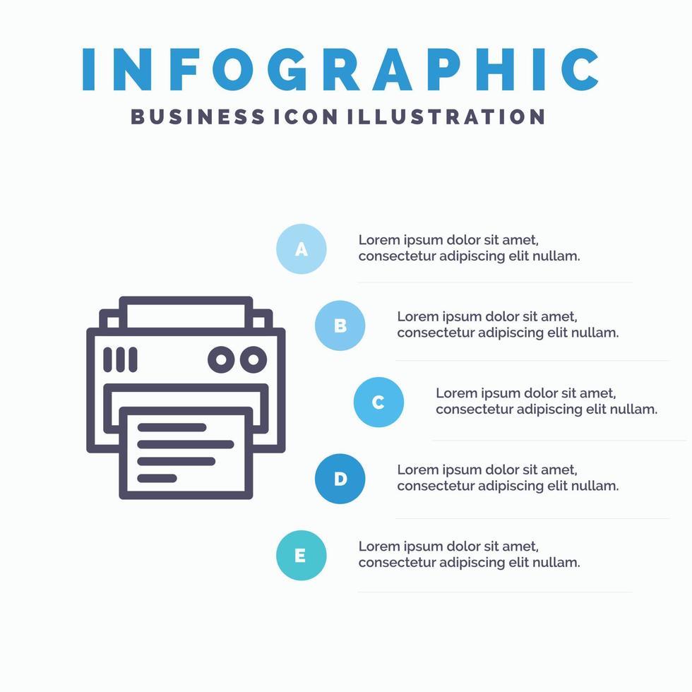 skrivare skriva ut utskrift utbildning blå infographics mall 5 steg vektor linje ikon mall