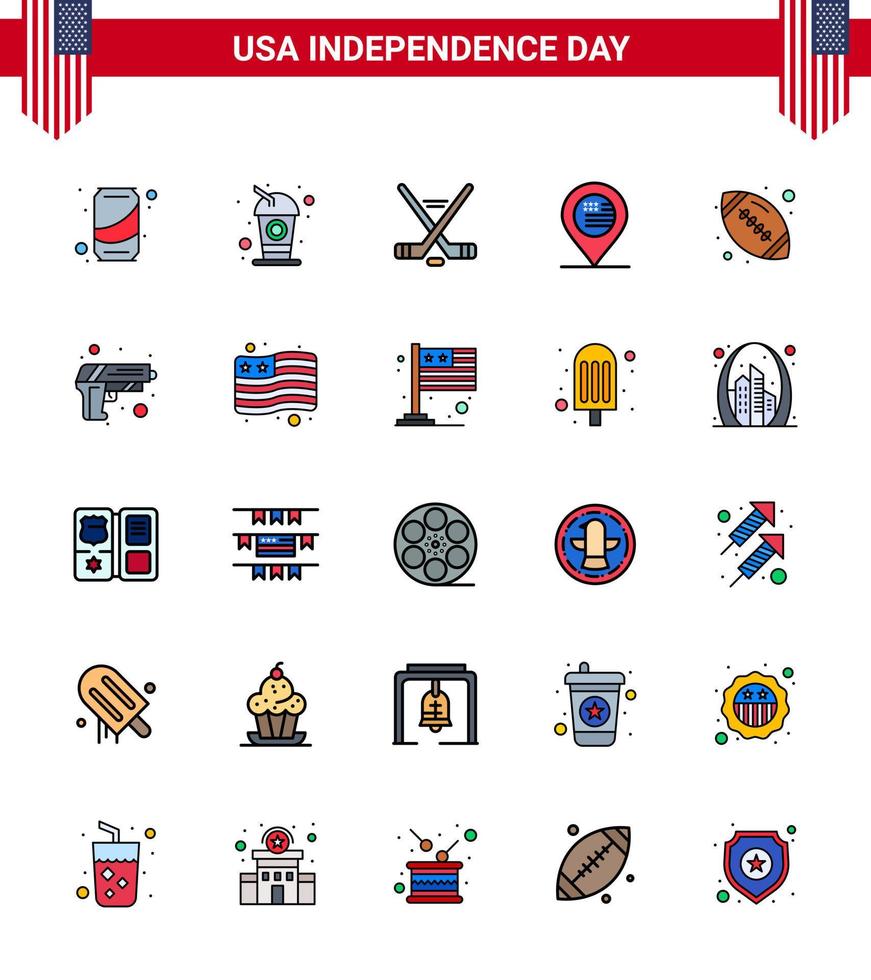 Happy Independence Day Pack mit 25 flach gefüllten Linien Zeichen und Symbolen für Rugby-Zeichen Hokey Map American Editable Usa Day Vector Design Elements