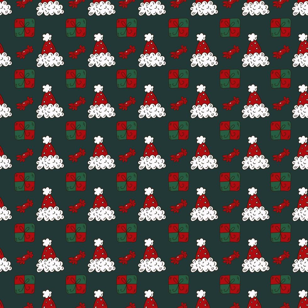 x-mas doodle nahtloses muster mit weihnachtsmütze und geschenk. süßes weihnachtsgeschenkpapier vektor