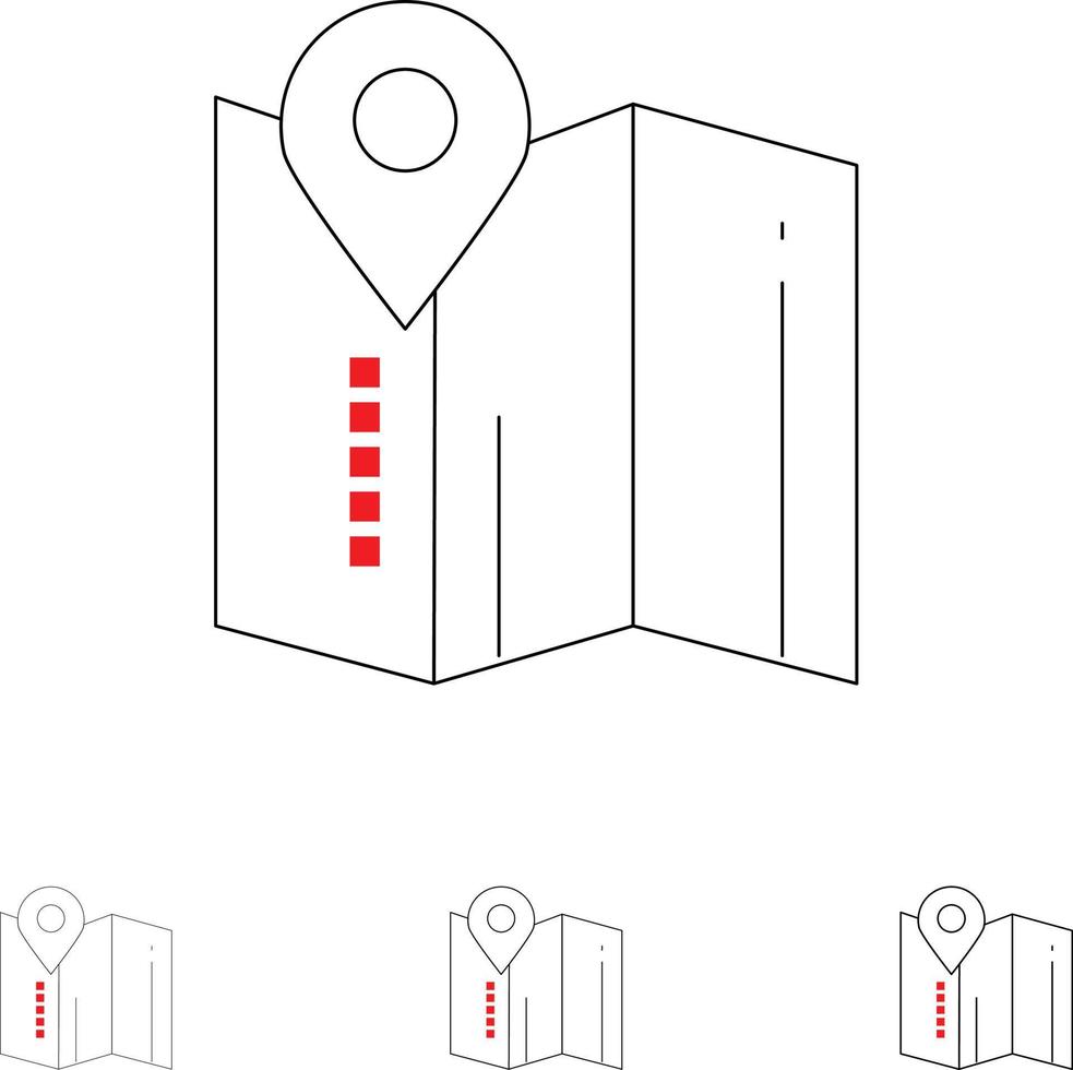 Lageplan Pin Hotel Fett und dünne schwarze Linie Symbolsatz vektor