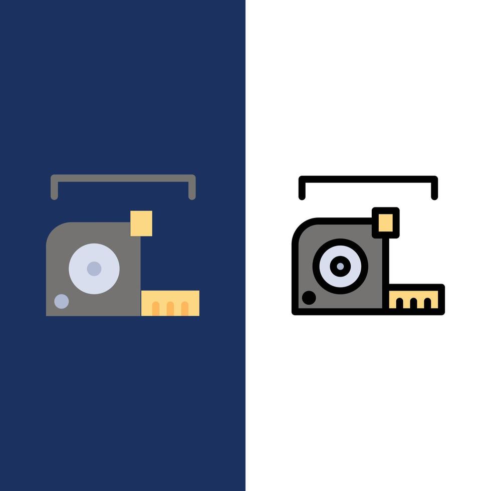 mäta mått meter roulett linjal ikoner platt och linje fylld ikon uppsättning vektor blå bakgrund