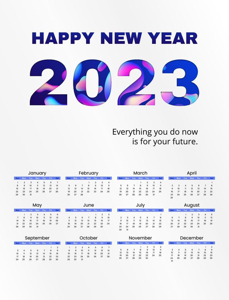 Kalender 2023 Vorlagenvektor, flüssiger Neongradient. Planer 2023 Jahr, Pappschnitt Wandkalender 2023 Jahr. flüssige Formgestaltung. woche beginnt sonntag, 12 monate, werbung, druck, briefpapier. vektor