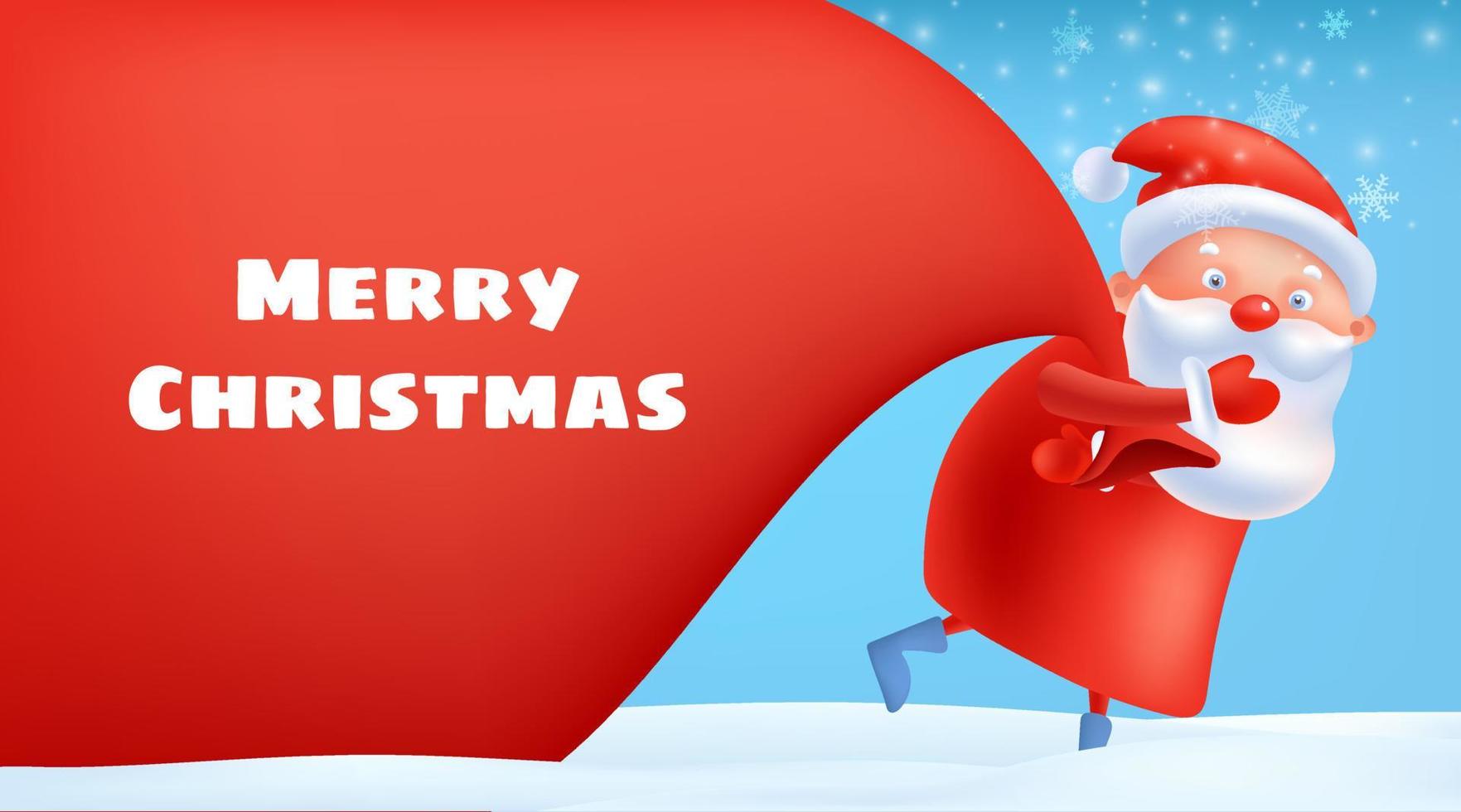 färgrik ljus röd jul kort. santa claus med en enorm väska leverera gåvor i de snö. tecknad serie karaktär. försäljning kupong kort för presenterar. glad jul och Lycklig ny år. jul affisch vektor