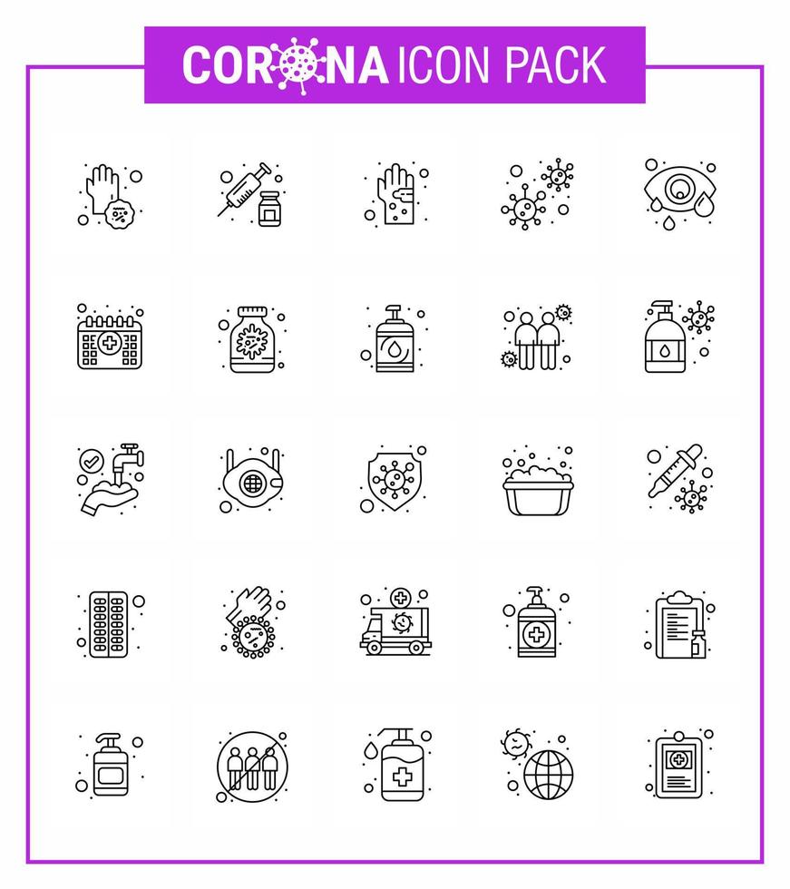 Das Coronavirus 25-Zeilensymbol, das zum Thema Koronaepidemie eingestellt ist, enthält Symbole wie Covid-Bakterien-Impfstoff-Virus-Handvirus-Coronavirus-2019nov-Krankheitsvektor-Designelemente vektor