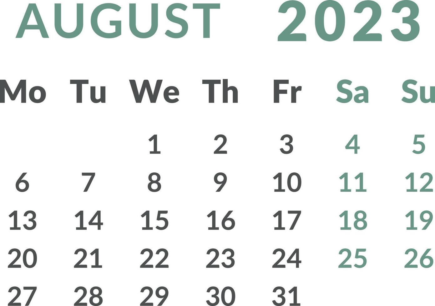 Kalender 2023. Monat August. vektor