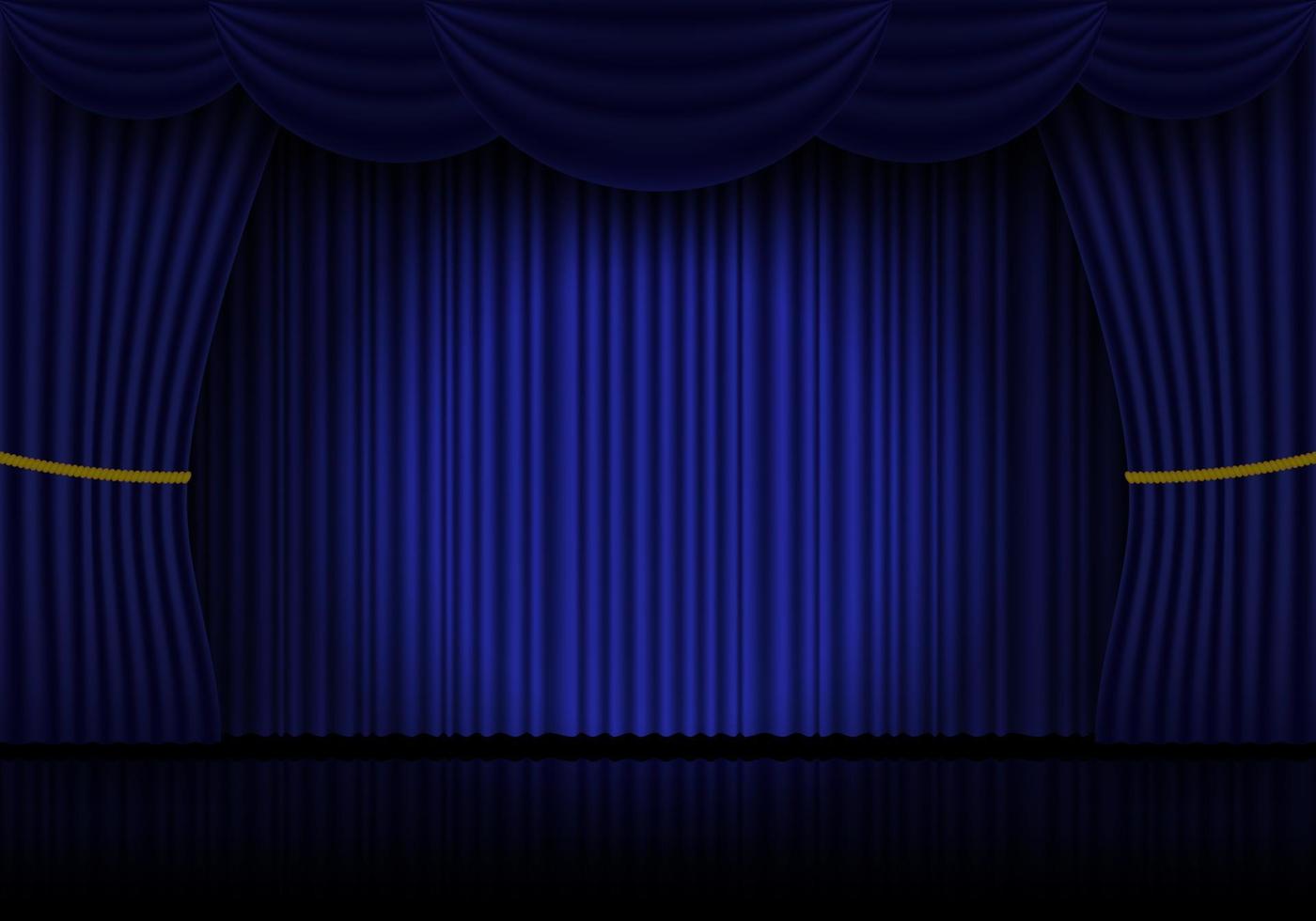 blå ridå opera, bio eller teater skede draperier. strålkastare på stängd sammet gardiner bakgrund. vektor illustration