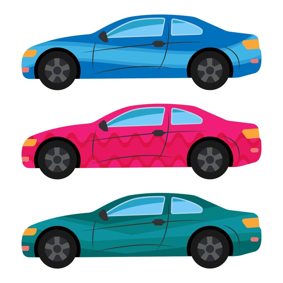 en uppsättning av tre bilar målad i annorlunda färger. vektor illustration