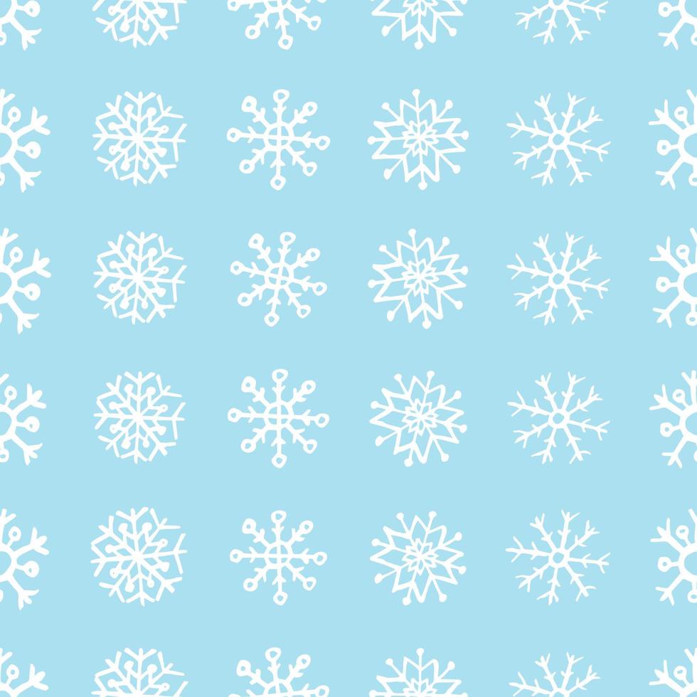 sömlös bakgrund av hand dragen snöflingor. vit snöflingor på blå bakgrund. jul och ny år dekoration element. vektor illustration.