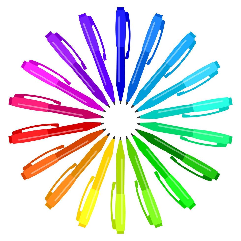 uppsättning av flerfärgad pennor placerad i en cirkel. vektor illustration.