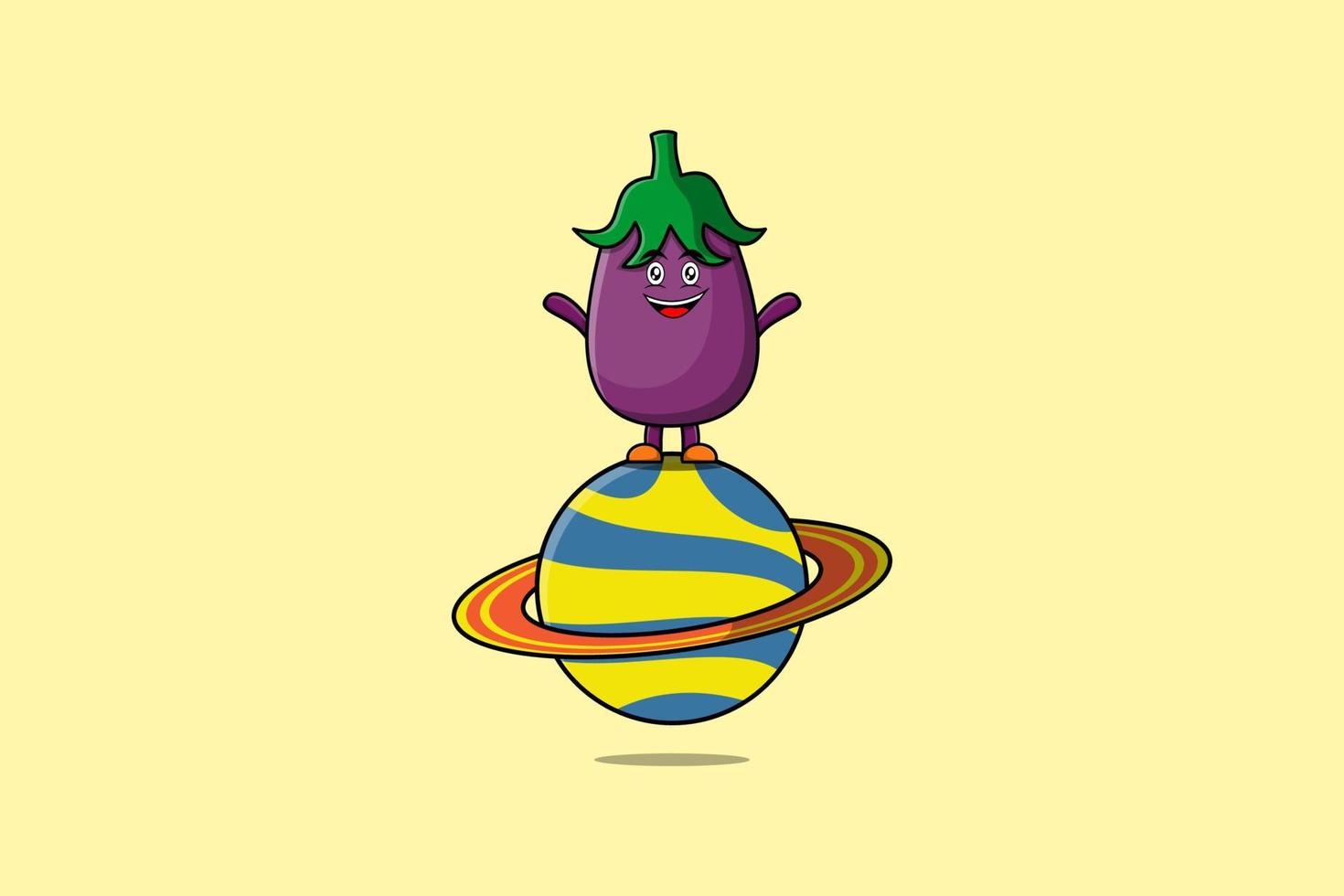 niedliche Auberginen-Zeichentrickfigur, die auf dem Planeten steht vektor