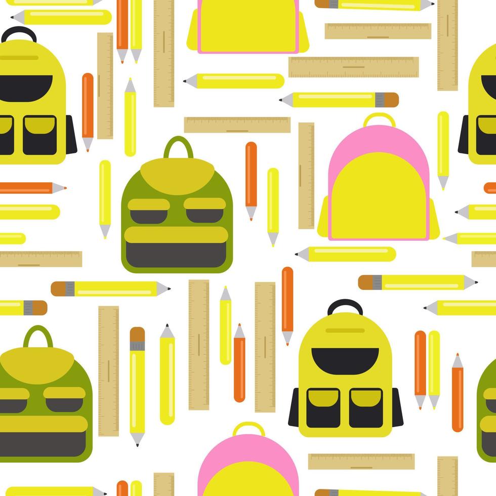 Nahtloses Muster von Schulrucksäcken, Linealen und Bleistiften in gelben Farbtönen auf weißem Hintergrund vektor