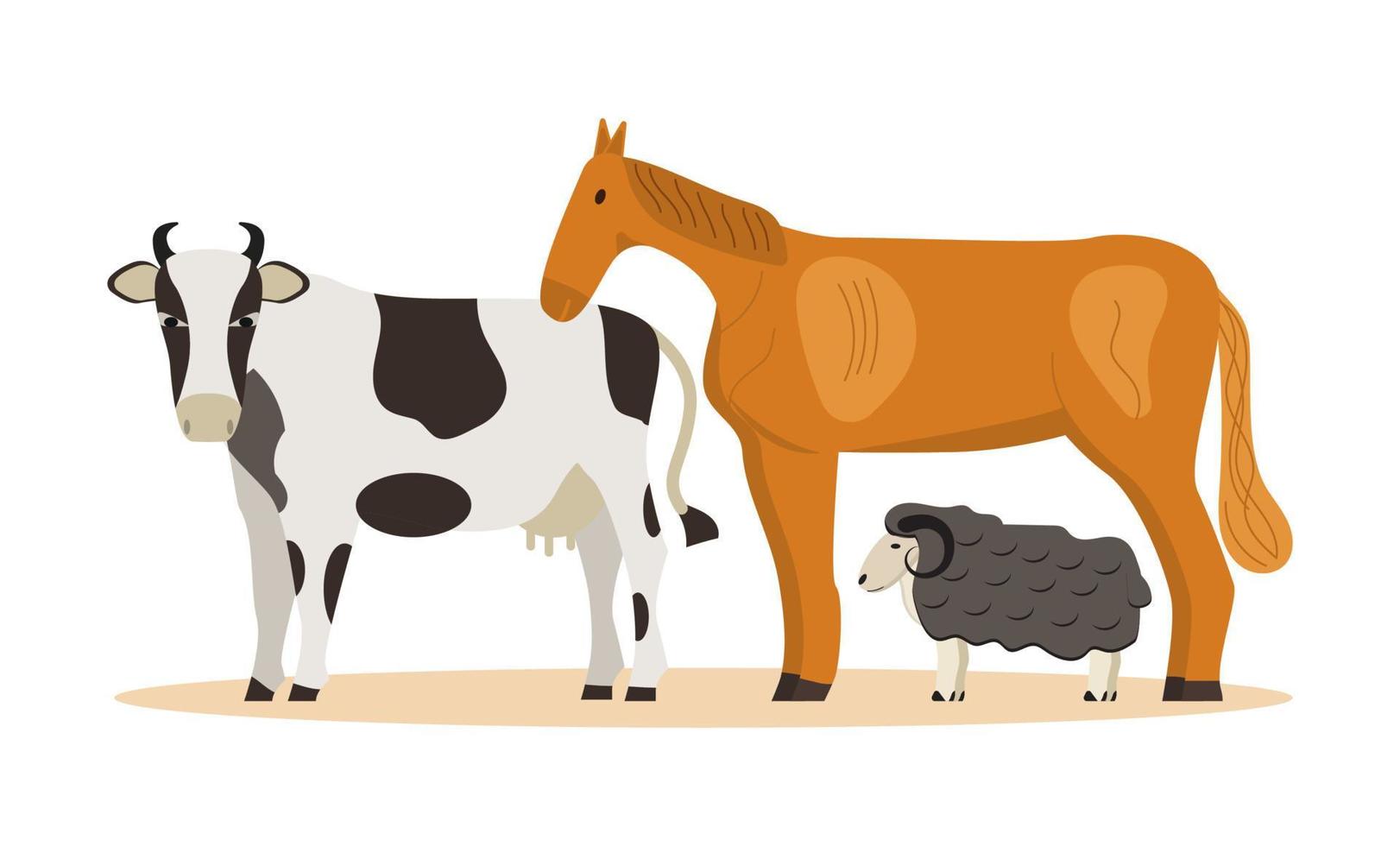 Nutztier-Konzeptvektor. Schaf, Pferd, Kuh werden auf dem weißen Hintergrund gezeigt. braune Augen mit weißen Flecken am Körper. Bio-Öko-Bauernhof oder tierärztlicher Hilfsdienst vektor