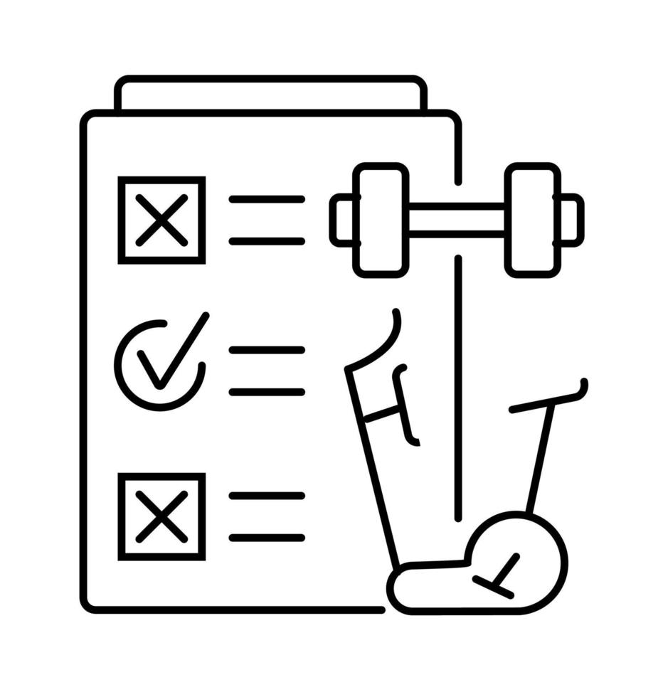 Symbol für regelmäßige Sportübungen im Linienstil. Planer, Hantel, Ellipsentrainer, Heimtrainer vektor