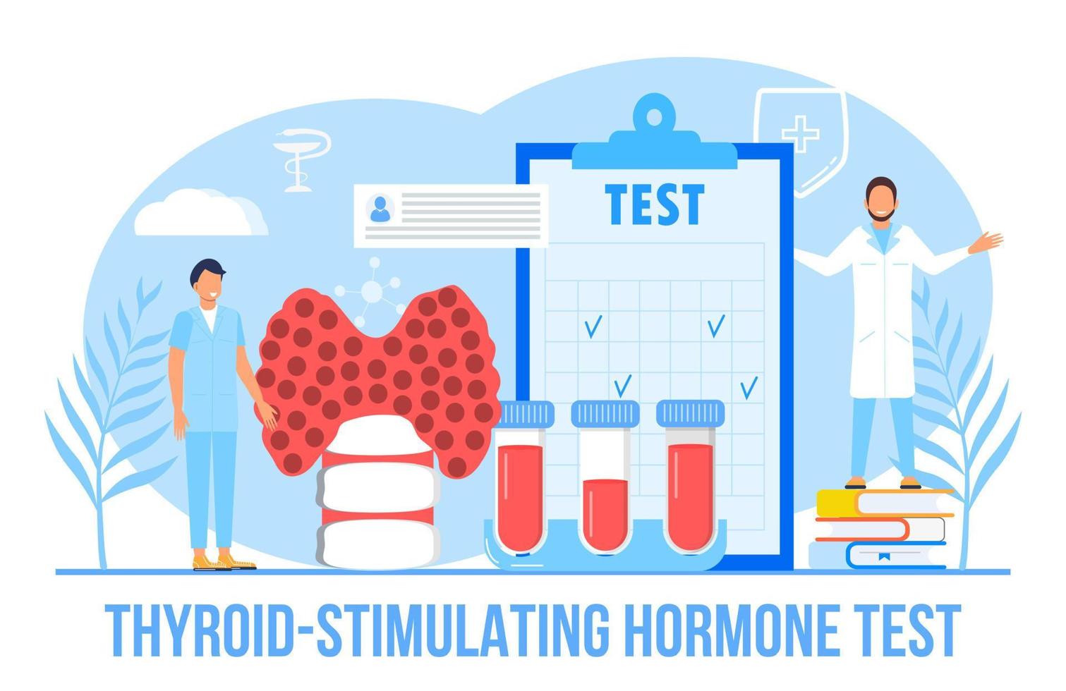 sköldkörtelstimulerande hormon testa begrepp vektor för medicinsk hemsida. Hypotyreos begrepp vektor. endokrinologer diagnostisera och behandla mänsklig sköldkörtel körtel. specialister göra blod testa hormoner.