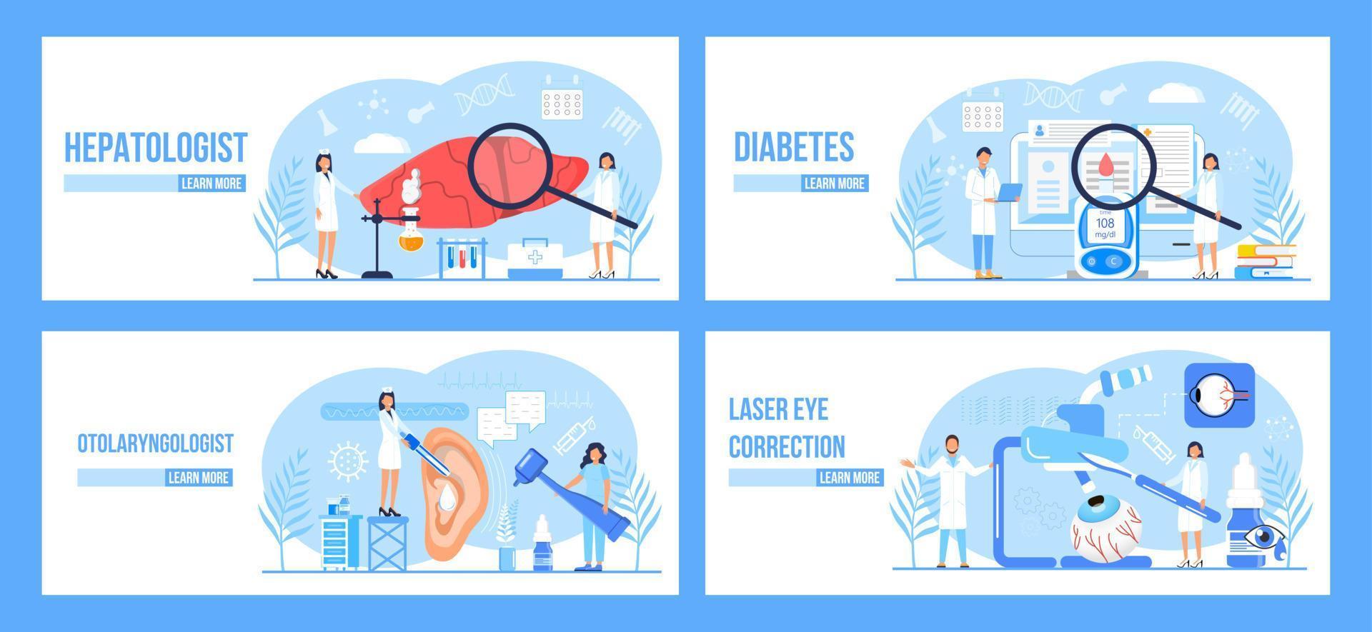 hepatolog, otolaryngolog, diabetes, laser öga korrektion begrepp uppsättning vektor för medicinsk webbplatser, landning sida. hepatocellulär carcinom begrepp vektor.