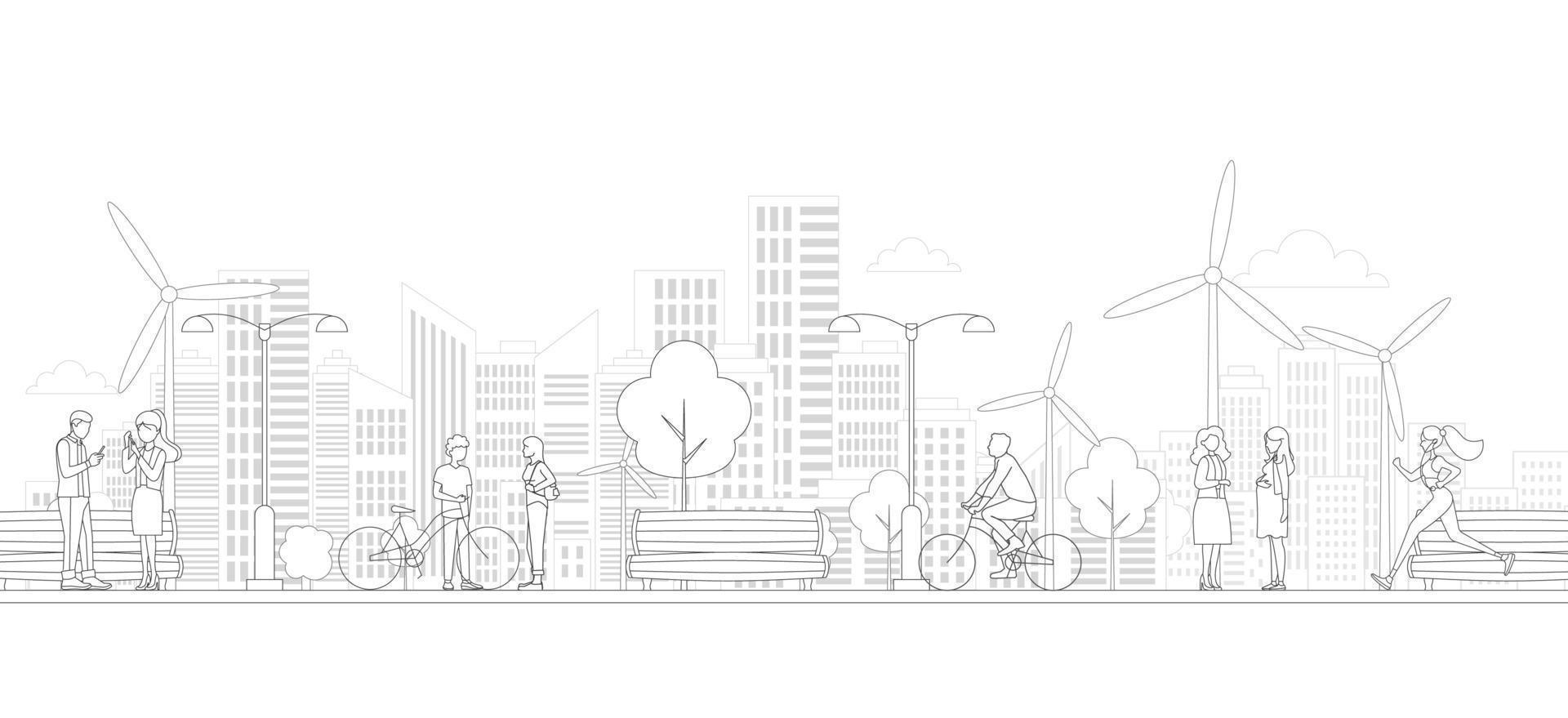 menschen, stadtsilhouette im line art style - landschaft mit häusern, bäumen und wolken. isolierte vektorillustration des schönen stadtbildes für immobilien- und eigentumsfahne oder -karte vektor