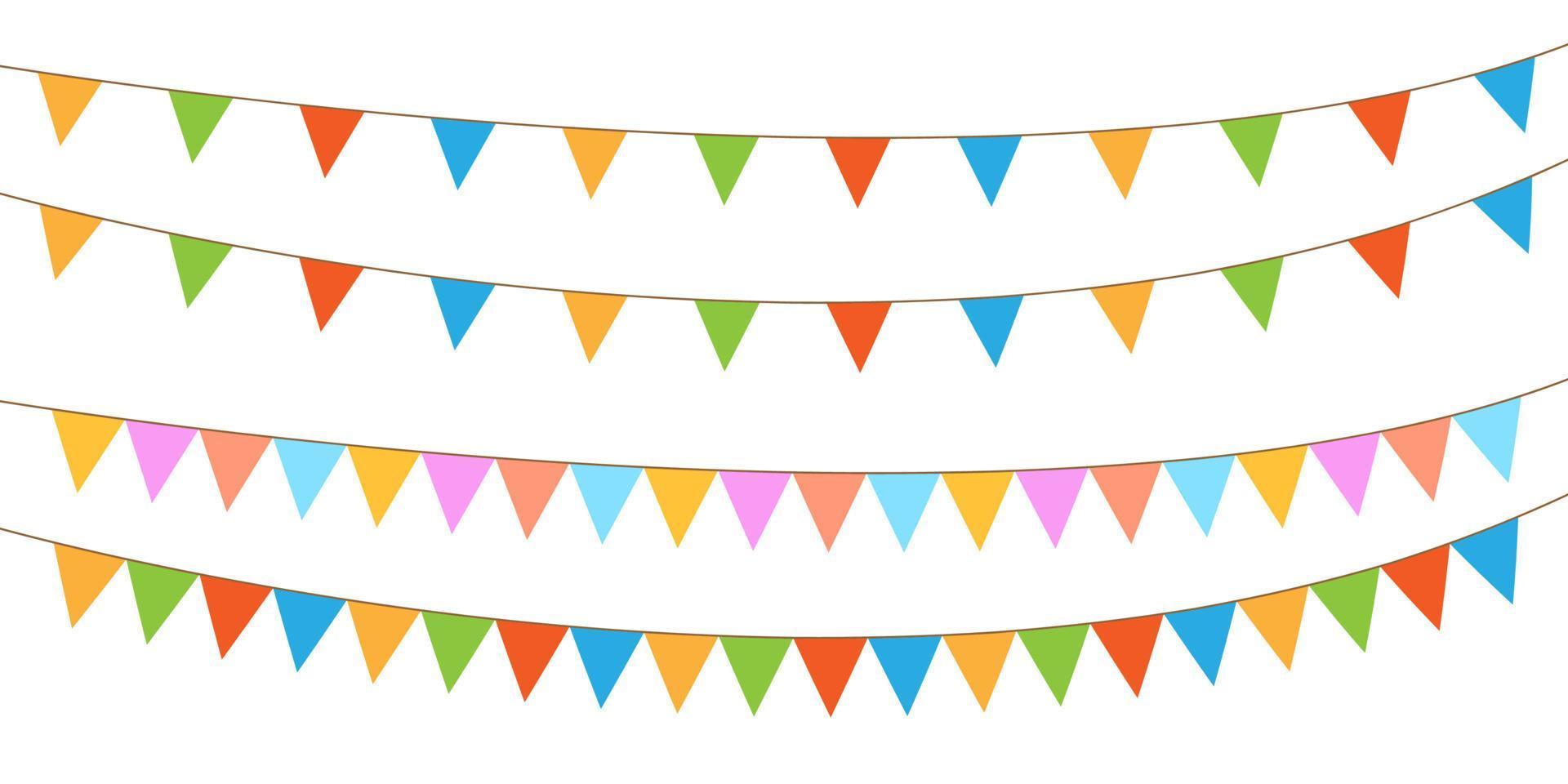 Satz mehrfarbiger flacher Ammerngirlanden mit der Verzierung lokalisiert auf weißem Hintergrund. Geburtstagsfahnen gesetzt. vektor