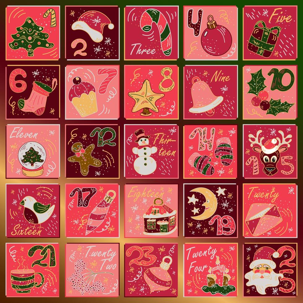 söt klotter stil jul första advent kalender med 25 ramar vektor