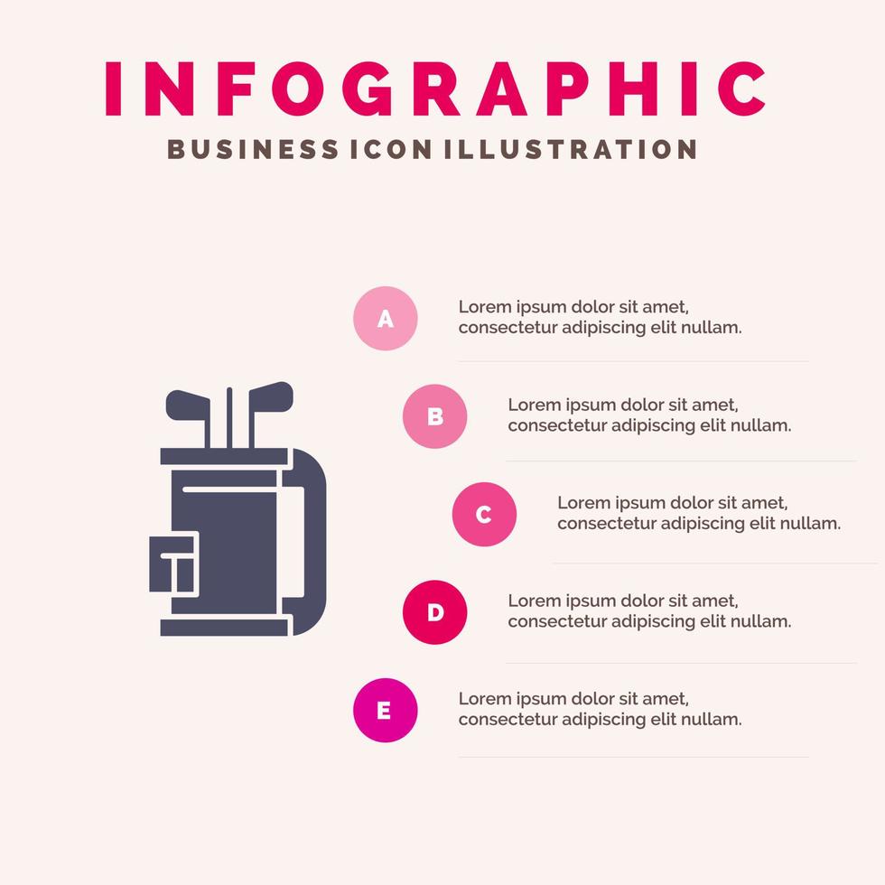 Tasche Club Ausrüstung Golfschläger festes Symbol Infografiken 5 Schritte Präsentationshintergrund vektor