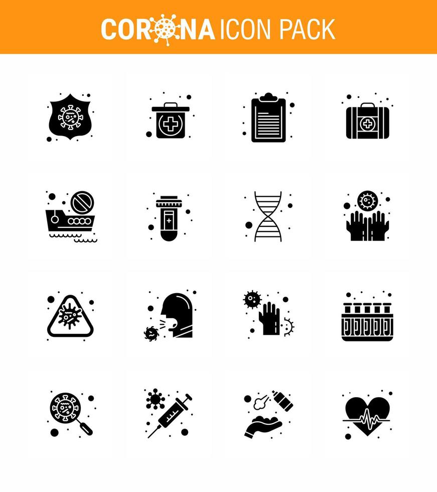 16 Solid Glyph Black Virus Corona Icon Pack wie Blutschiffdokument Kreuzfahrtmedizin virales Coronavirus 2019nov Krankheitsvektordesignelemente vektor