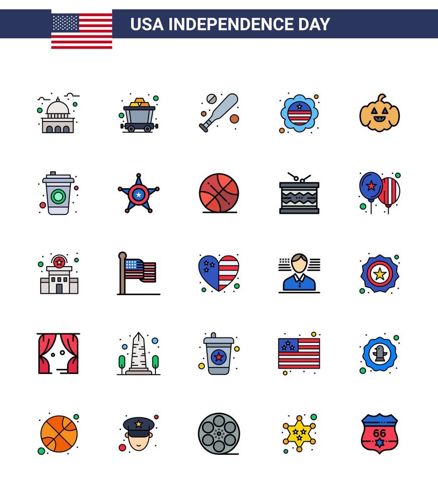 große packung mit 25 usa glücklicher unabhängigkeitstag usa vektor flach gefüllte linien und editierbare symbole von usa kürbis baseballabzeichen flag editierbare usa tag vektor design elemente