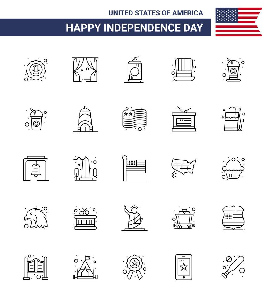 Lycklig oberoende dag 4:e juli uppsättning av 25 rader amerikan pictograph av flaska presidenter USA hatt USA redigerbar USA dag vektor design element