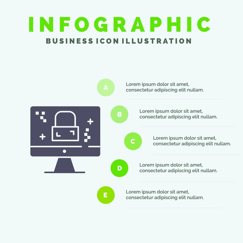 dmca-schutz monitor bildschirmsperre festes symbol infografiken 5 schritte präsentationshintergrund vektor