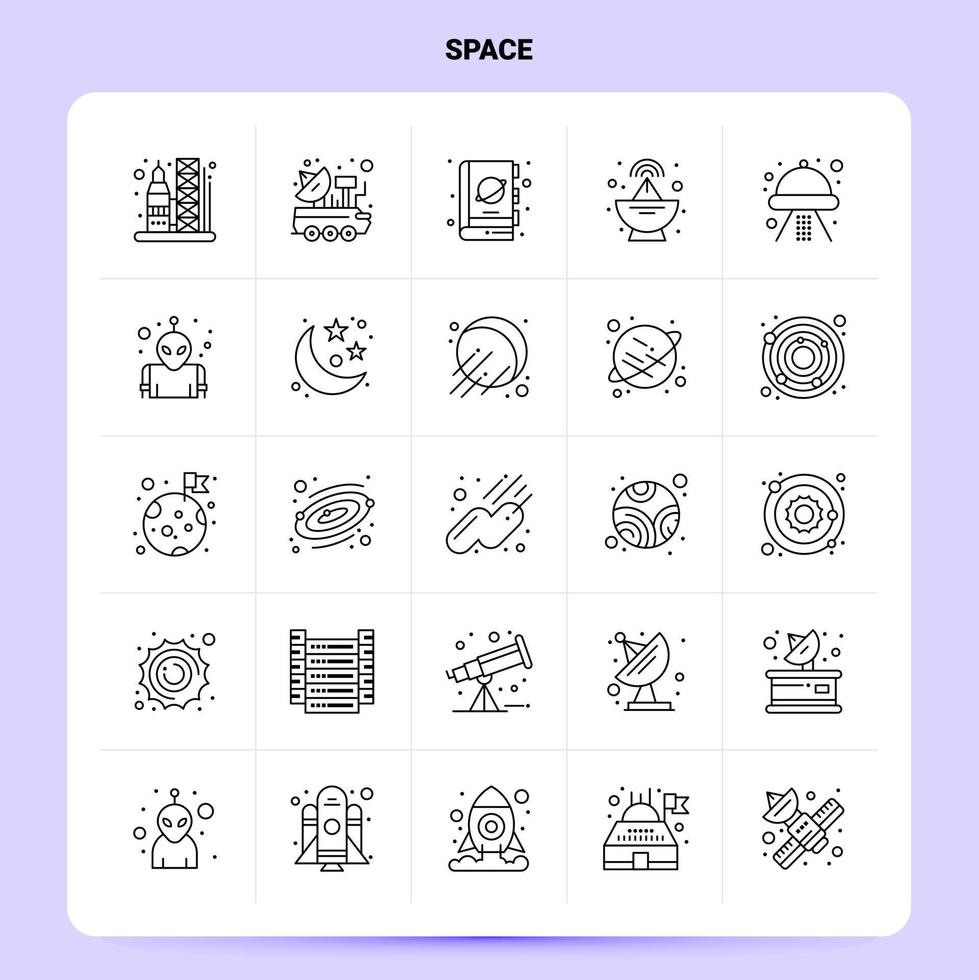 Umriss 25 Space Icon Set Vektor Line Style Design schwarze Icons Set lineare Piktogramm Pack Web und mobile Geschäftsideen Design Vektor Illustration