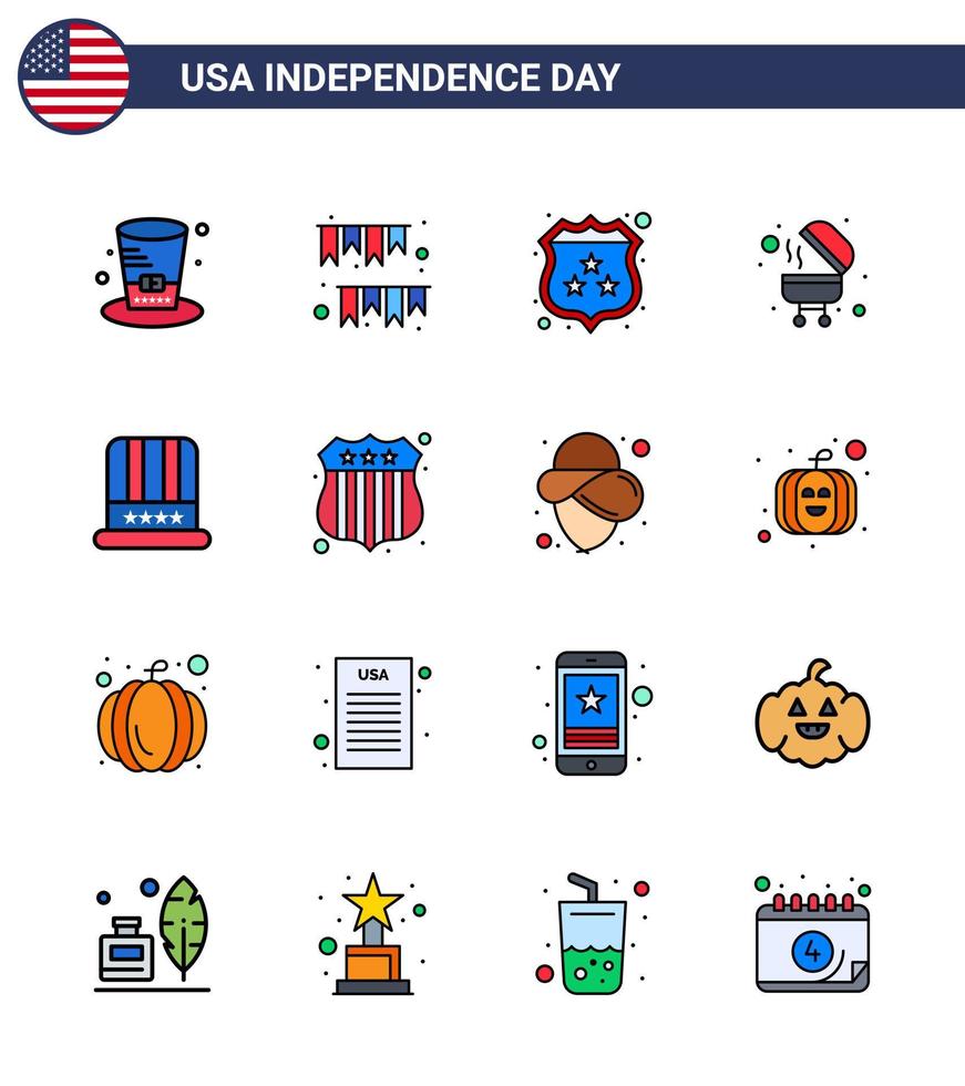 4. juli usa glücklicher unabhängigkeitstag symbol symbole gruppe von 16 modernen flach gefüllten linien von kappen grillparty bbq polizei editierbare usa tag vektor design elemente