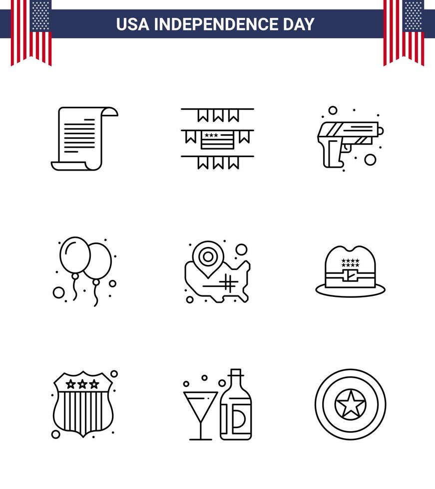 uppsättning av 9 USA dag ikoner amerikan symboler oberoende dag tecken för USA Karta säkerhet fest fira redigerbar USA dag vektor design element