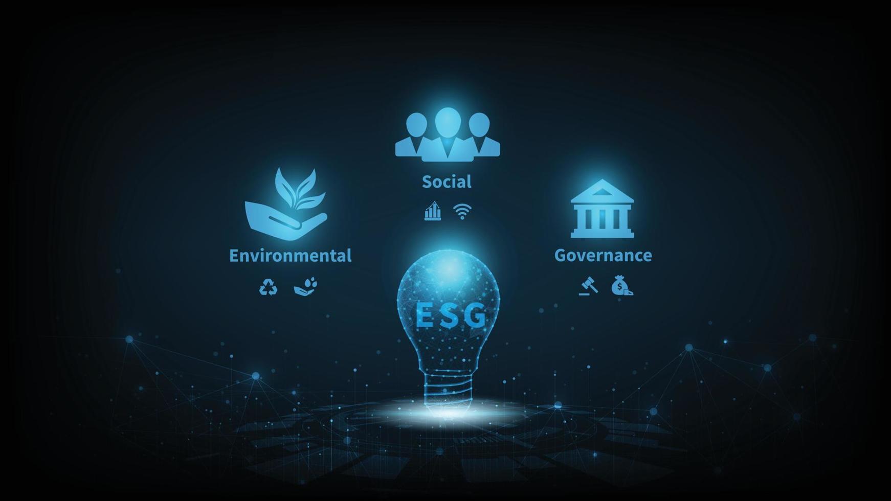 ESG-Konzept für Umwelt, Soziales und Governance. Das Unternehmen entwickelt eine Naturschutzstrategie und löst Umwelt-, Sozial- und Managementprobleme mit Figurensymbolen vektor