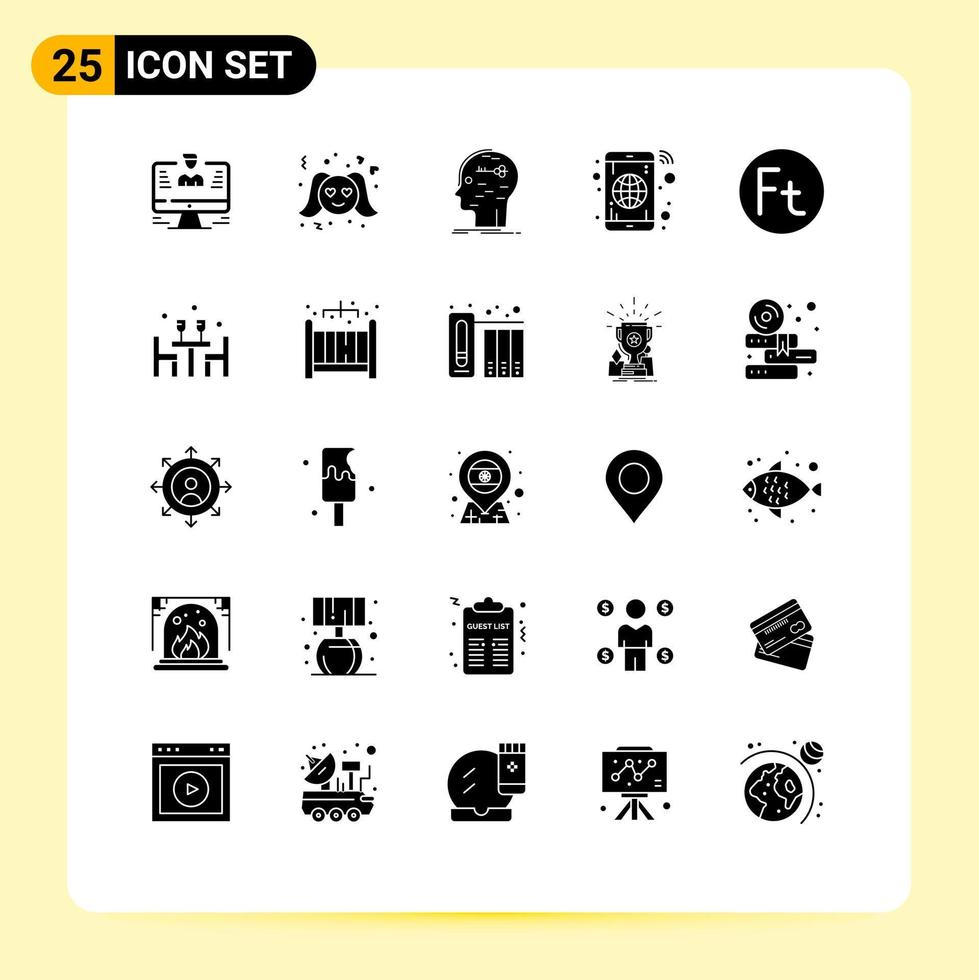 25 universell fast glyf tecken symboler av telefon klot kvinna app nyckel redigerbar vektor design element