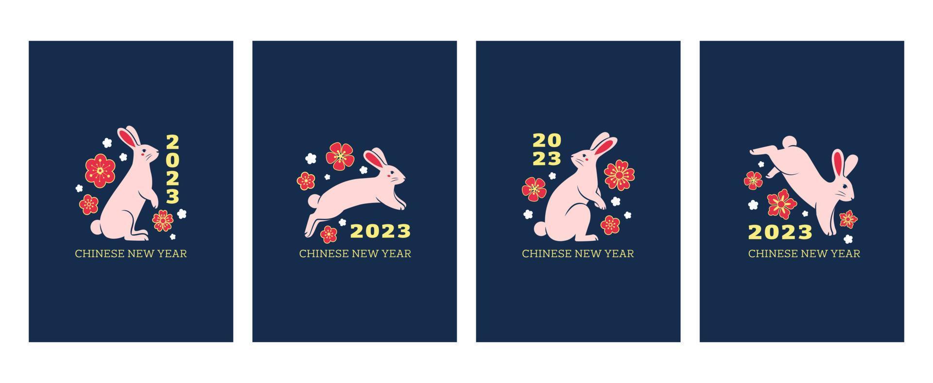 satz von 2023 chinesischen neujahrsgrußkarten, postern, flyern oder einladungsdesigns mit kaninchen und blumen. flache vektorillustration. vektor