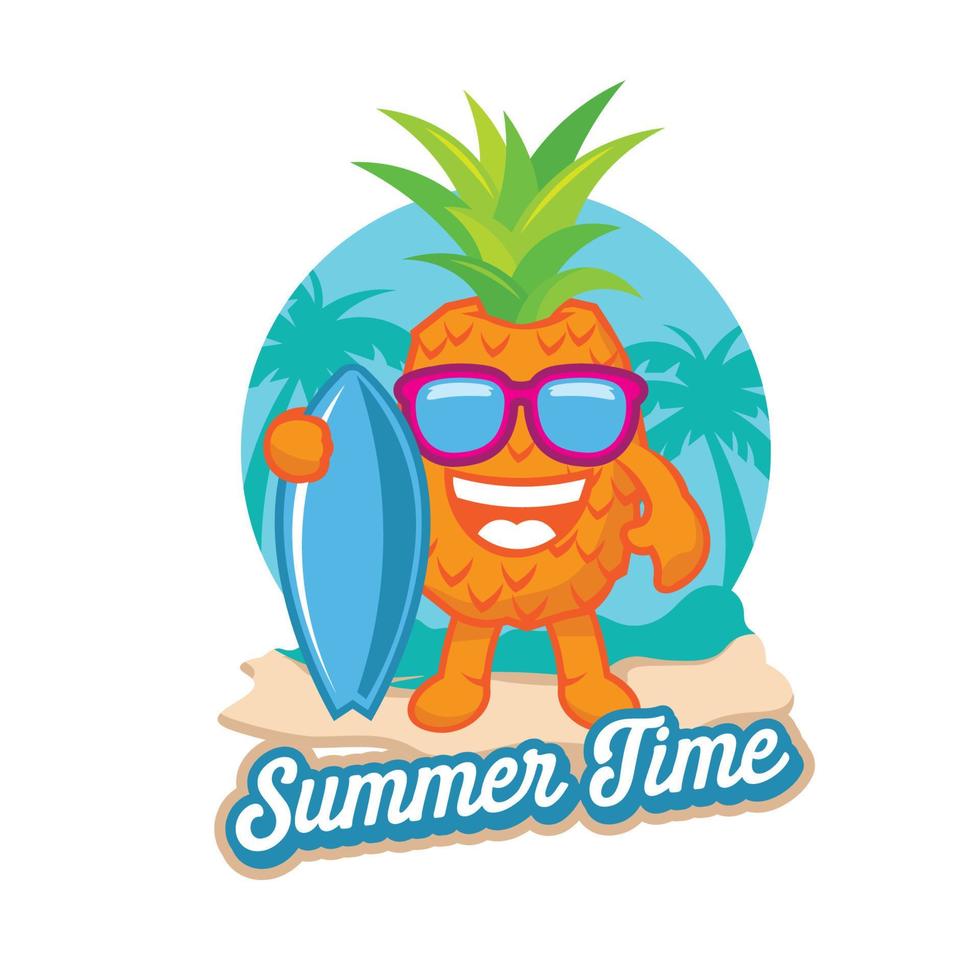 ananas tecknad serie tecknad serie ananas bär en surfingbräda och en glas av juice redo till sommar tid, Bra för t skjorta och klistermärke design vektor