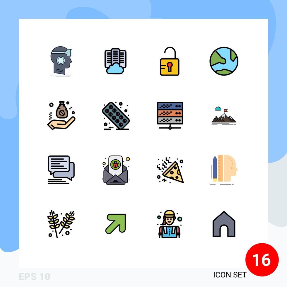 mobil gränssnitt platt Färg fylld linje uppsättning av 16 piktogram av väska uppkopplad server nätverk app redigerbar kreativ vektor design element