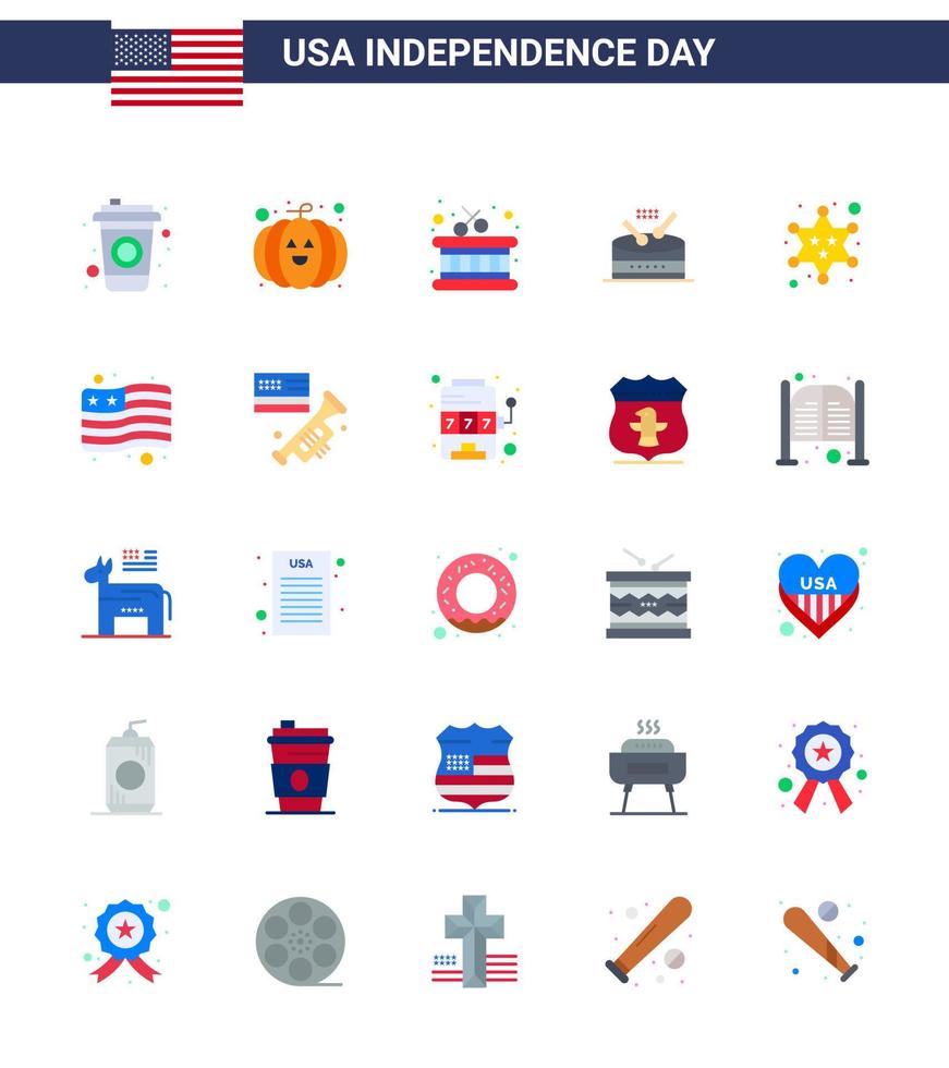 Stock Vector Icon Pack mit amerikanischen Tag 25 flachen Zeichen und Symbolen für Landpolizeistöcke Militärparade editierbare usa-Tag-Vektordesign-Elemente